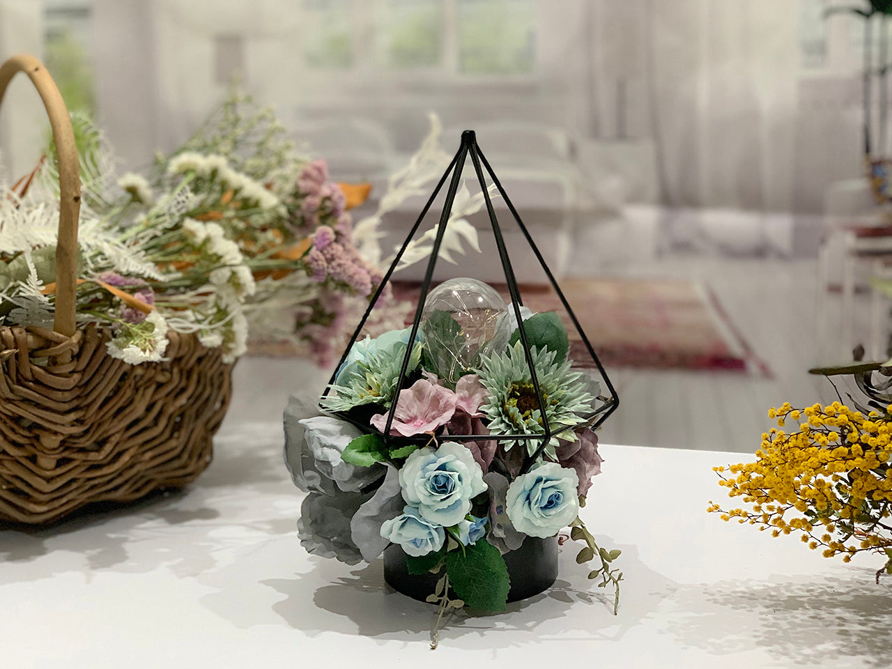 【インテリア】アンティーク・フラワーランプ(テーブルランプor吊り下げ)★爽やかなブルーローズ